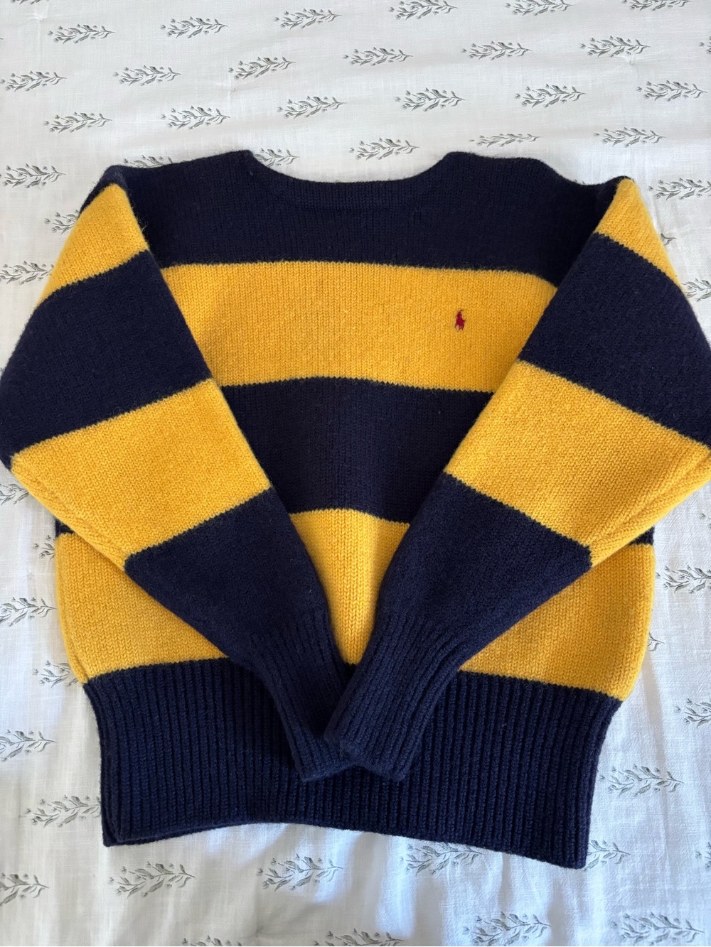 Ralph Lauren Men's Navy and Yellow Striped Crewneck Sweater